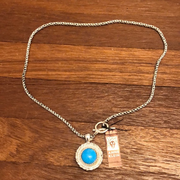 Anne Klein Jewelry - Anne Klein Vintage Blue Stone Pendant Necklace Silver Tone Chain Toggle Clasp